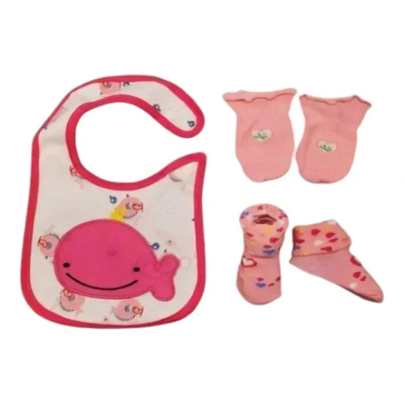 Pink Whale Bib, Mittens, Socks Gift Set, Newborn Girl Baby Gift Set Essentials - Picture 1 of 5